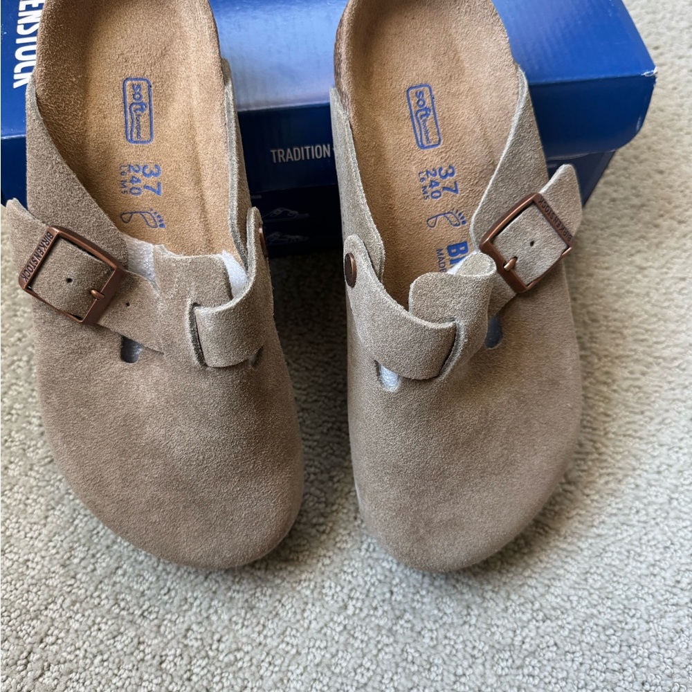Birkenstock Tan Suede Clogs with Buckle